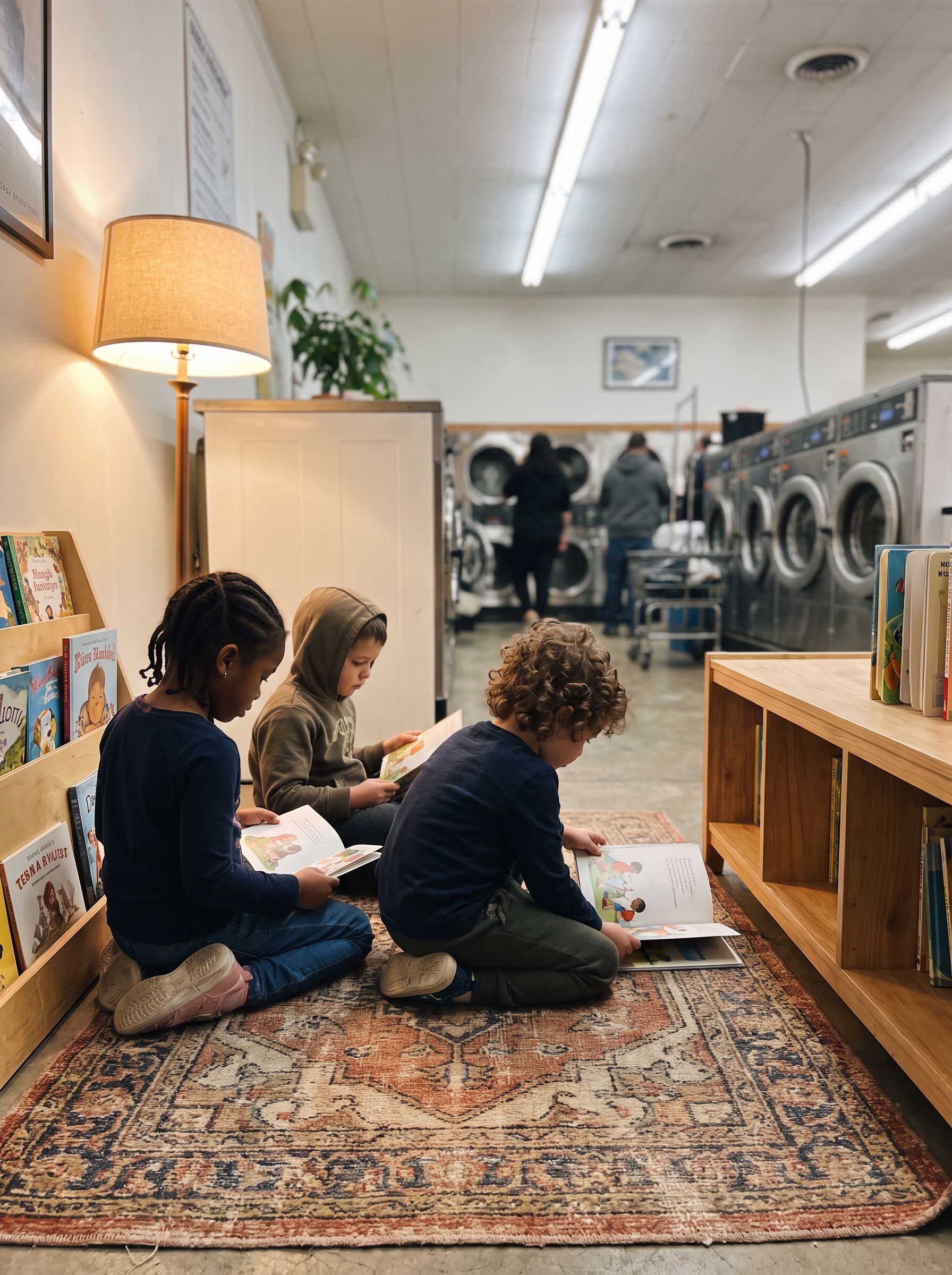 Children sit on a rug with picture books in a small reading corner inside a laundromat