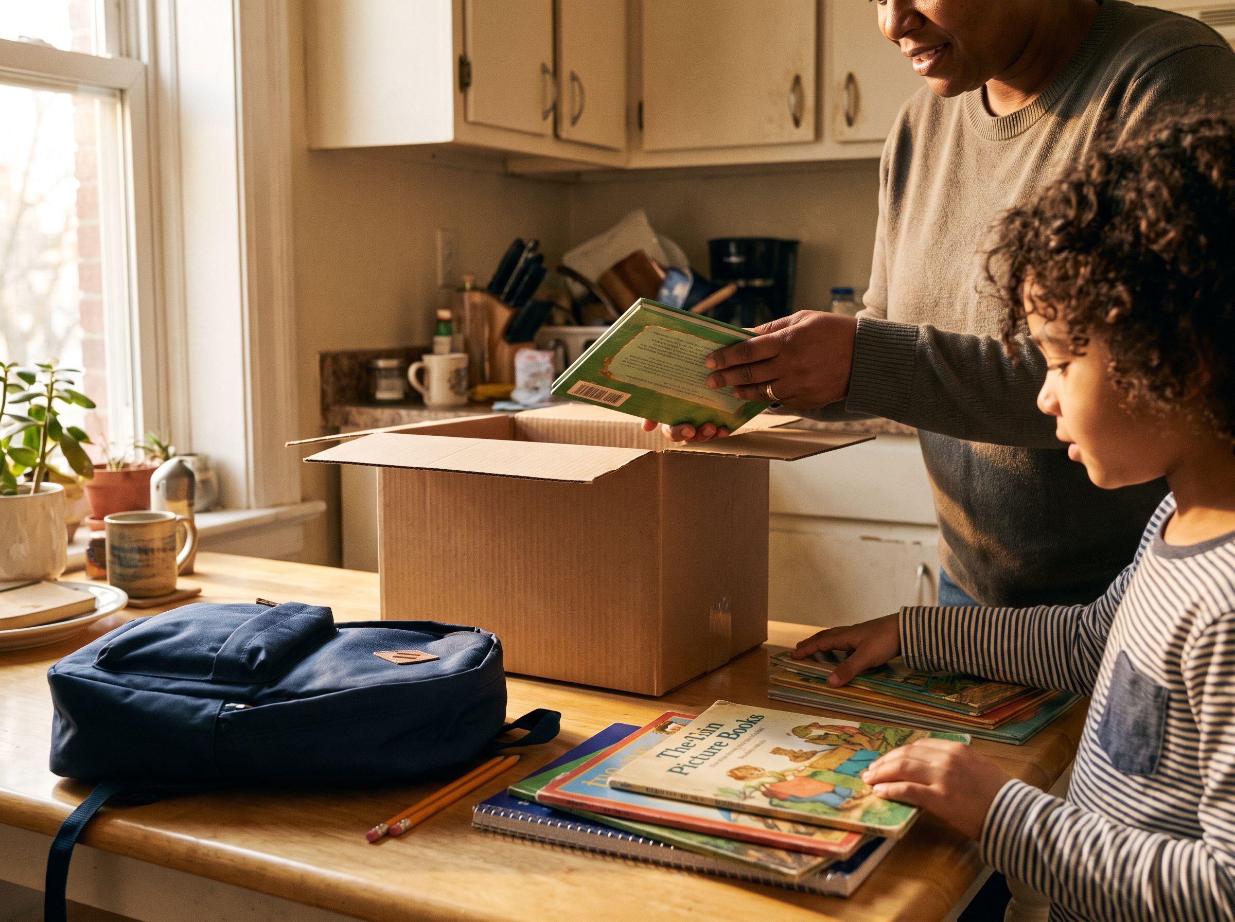 A family unpacks a box of children's books and school supplies at a kitchen table