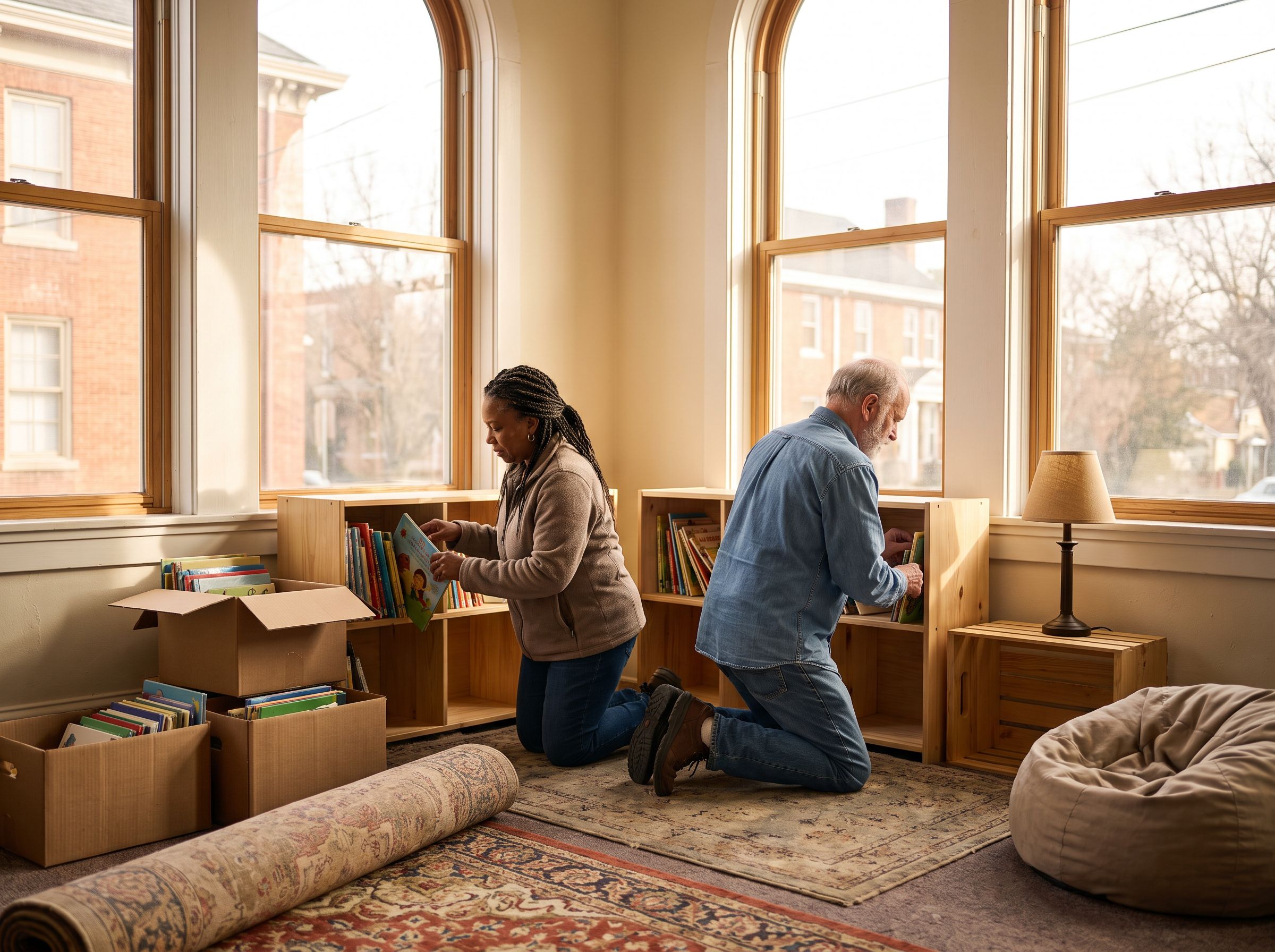 Volunteers arrange picture books on low shelves while setting up a reading corner in a community center