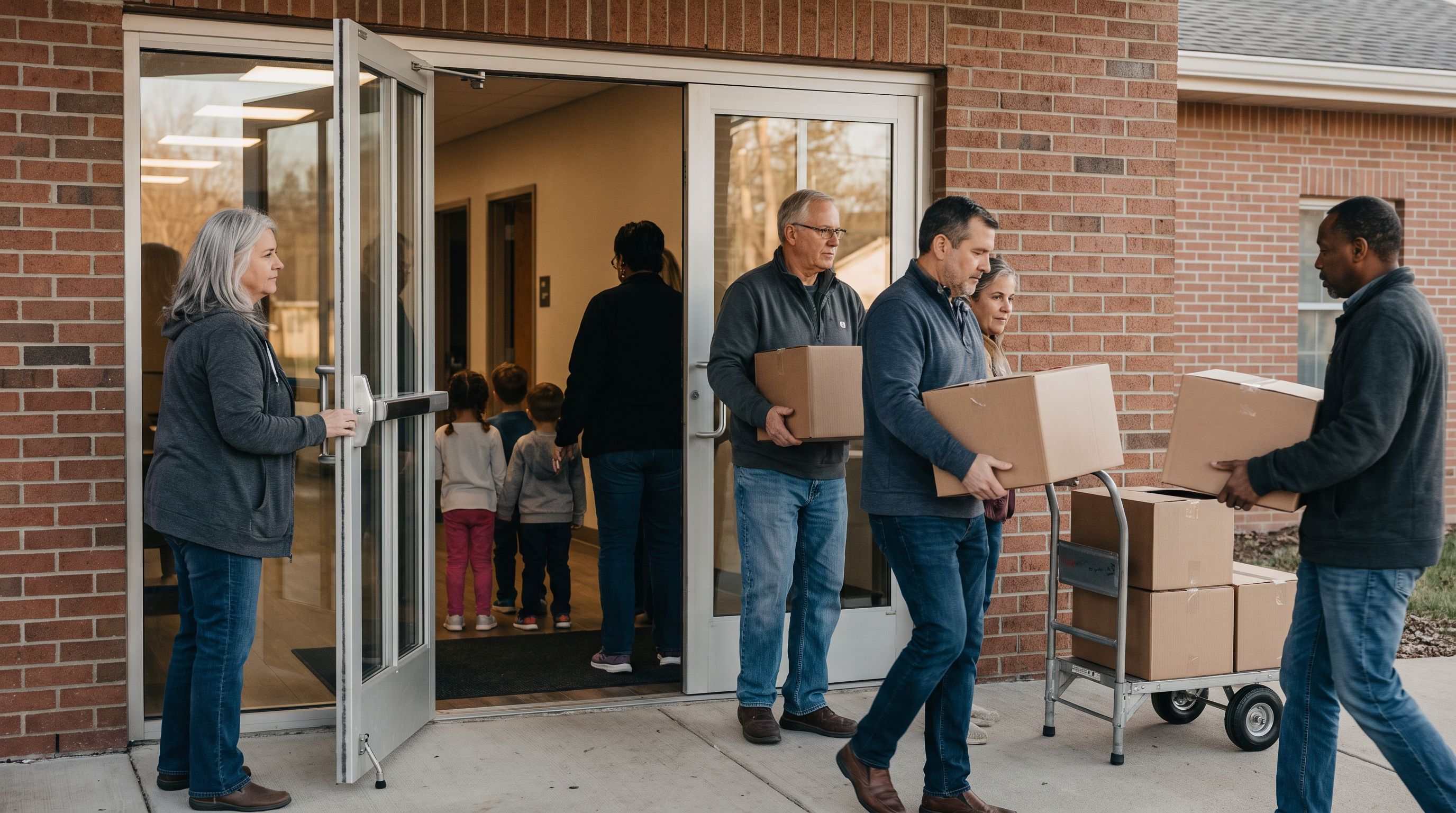 Volunteers carry boxes of children's books through the doorway of a community center